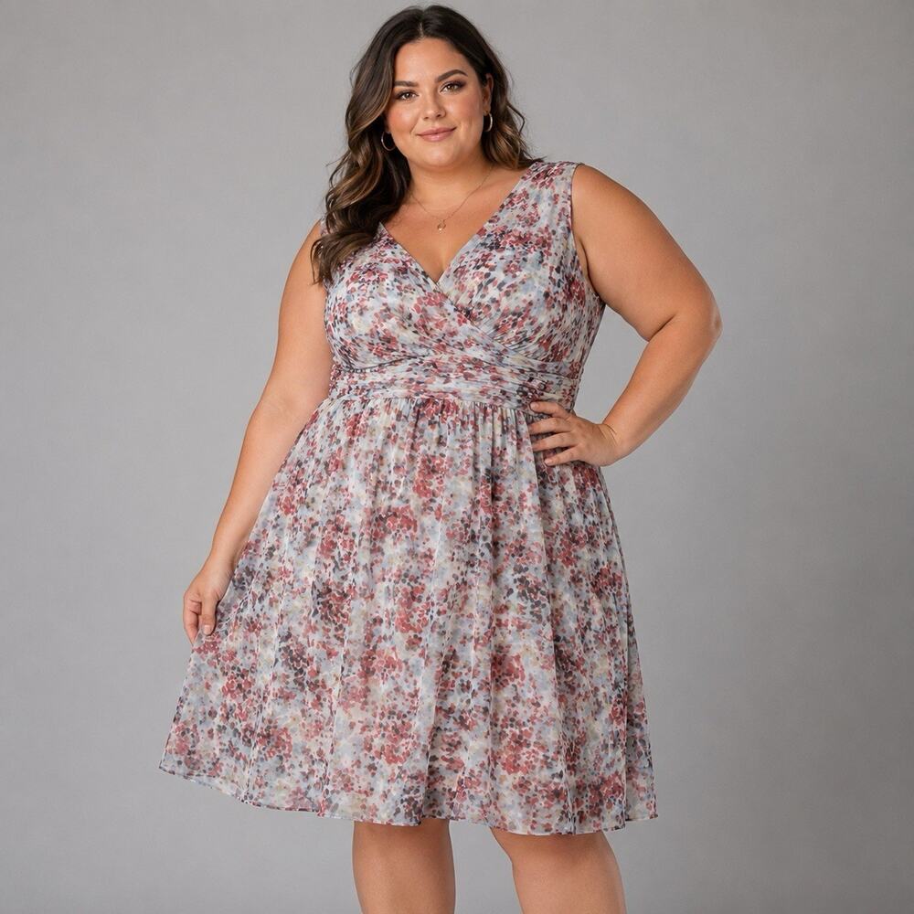 DKNY Floral Chiffon Fit & Flare Dress Womens US 14 Sleeveless Ruched Party
